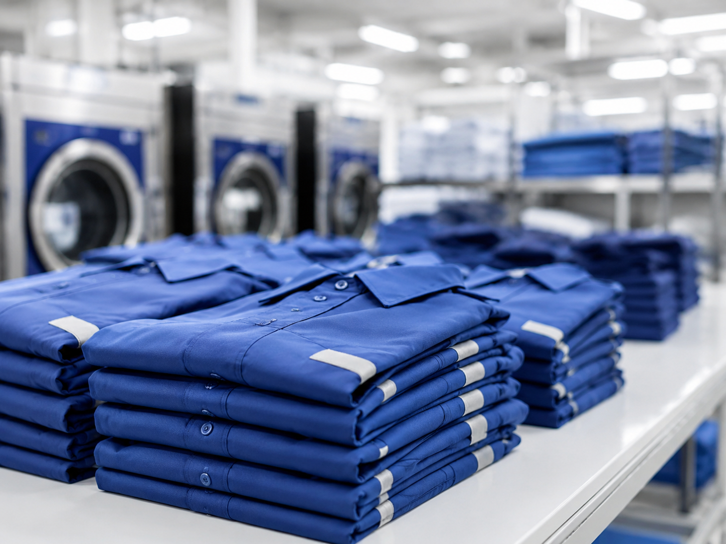 Folded blue workwear laundry